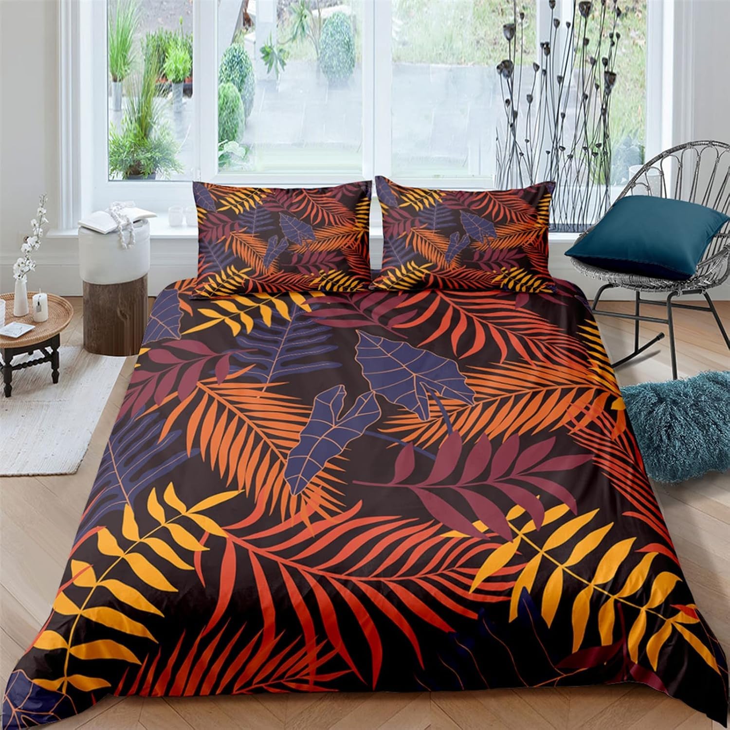 Housse de couette 260x230 cm feuilles de plantes en microfibre avec 2 taies