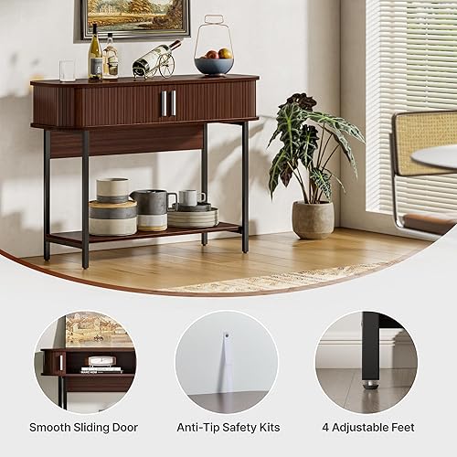 Miniatura 4 de Mesa de entrada moderna de mediados de siglo de 40 pulgadas, mesa consola acanalada ultra delgada con puertas de almacenamiento y correderas,