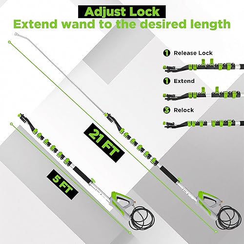 Miniatura 5 de Varita telescópica para lavadora a presión de 21 pies con cepillo, 4000 PSI telescópica de extensión para lavadora eléctrica, 3 varillas curvadas