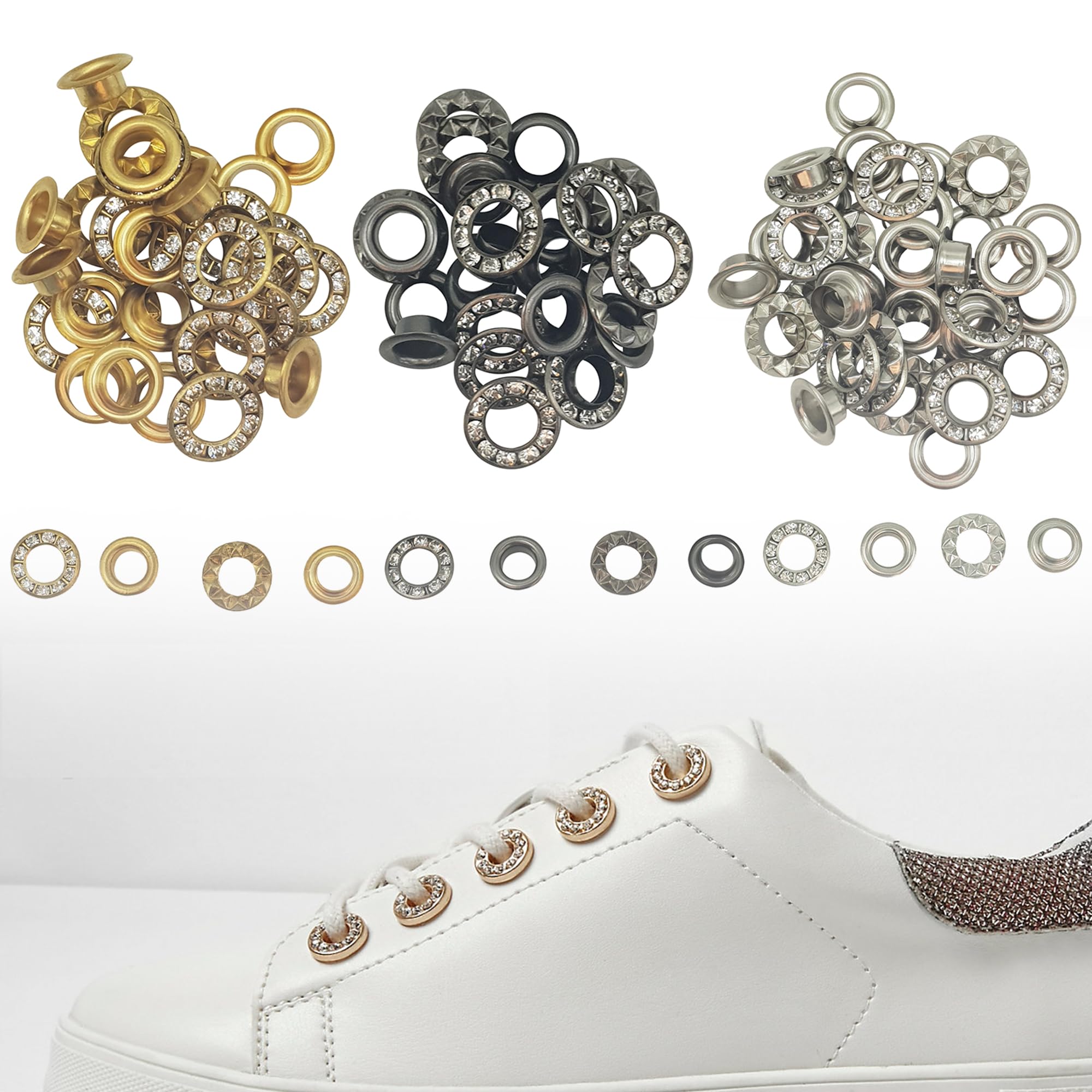 Event Decor Shop Occhielli per pelle, set di occhielli e fustelle da 6 mm, 150 pezzi, oro, argento, canna di fucile, occhielli con strumenti di fissaggio per macchine verdi, borse, abbigliamento, fai