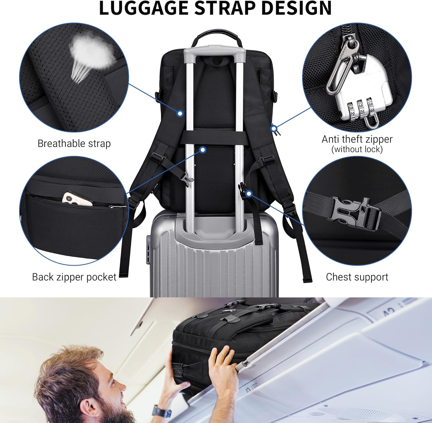 WITZMAN Travel Laptop Backpack for Men Fit 16 inch Computer Carry-on Airline Approved with USB Charging Port(B716 Black) - Image 8