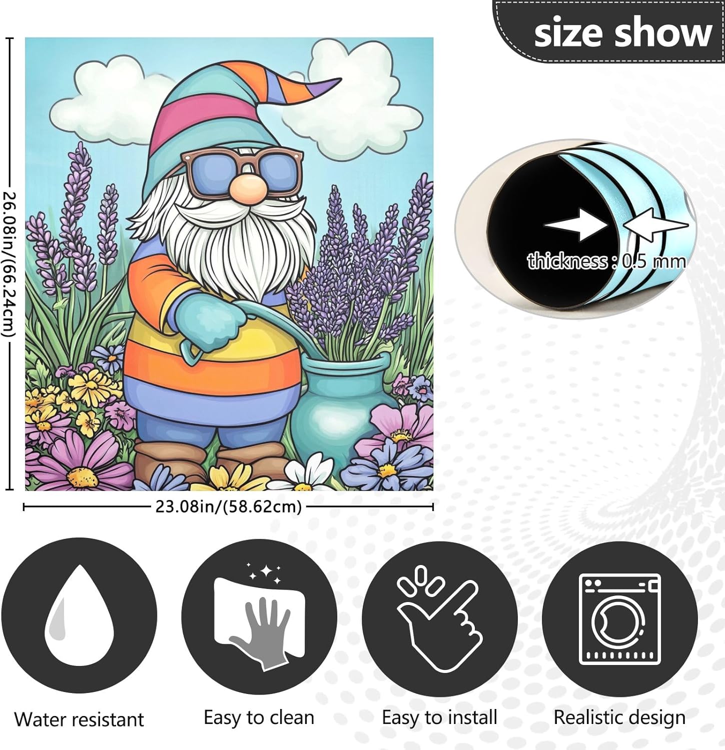 Cartoon Adorable Gnome Lavender Flowers Dishwasher Sticker Magnet Cover, Decorative Refrigerator Magnetic Decals Reusable Kitchen Appliance Decor 23 x 26 Inches