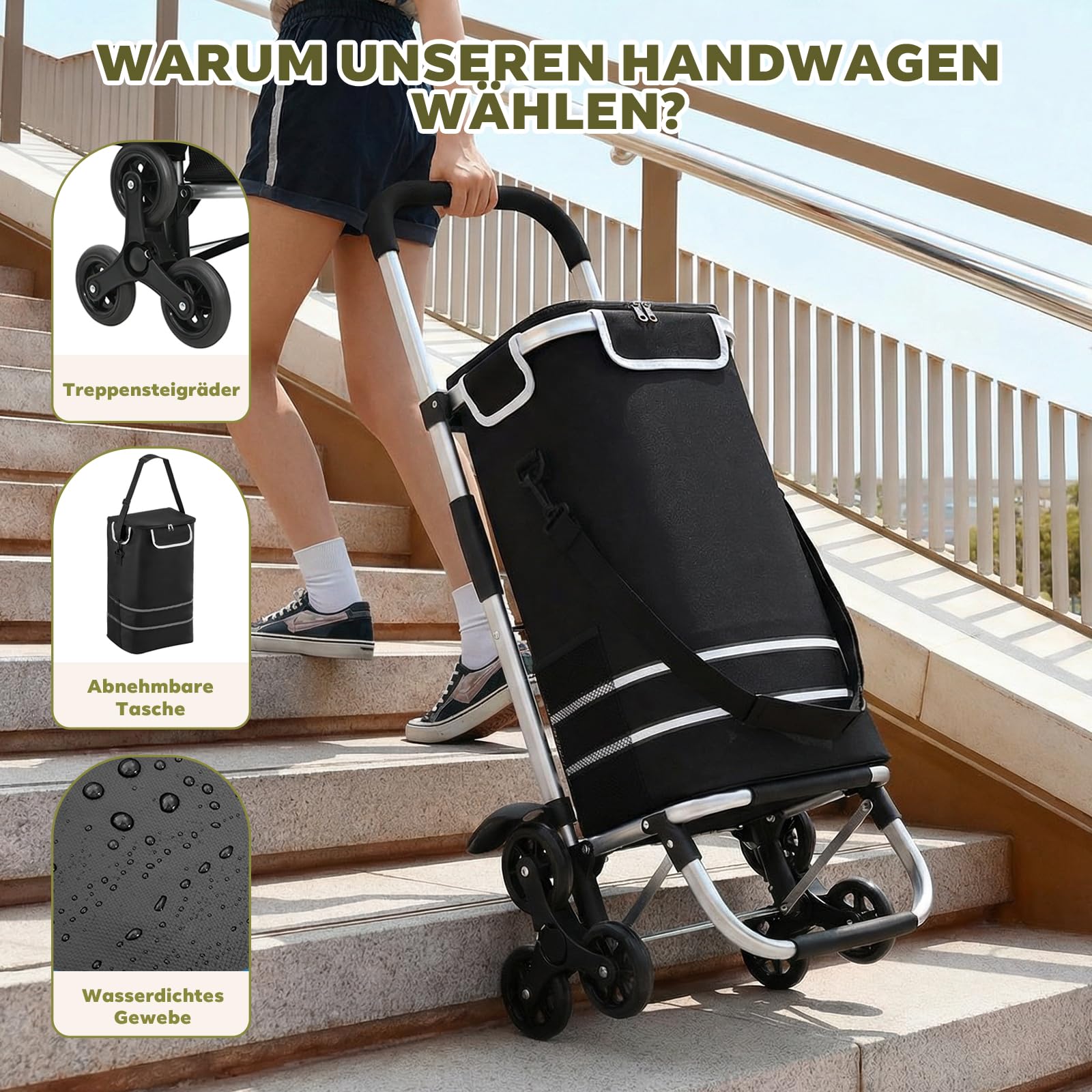 Treppensteiger Einkaufstrolley, 56L Faltbar, Wasserdicht, mit Kühlfach, Universalräder, 40kg Belastbarkeit, Schwarz