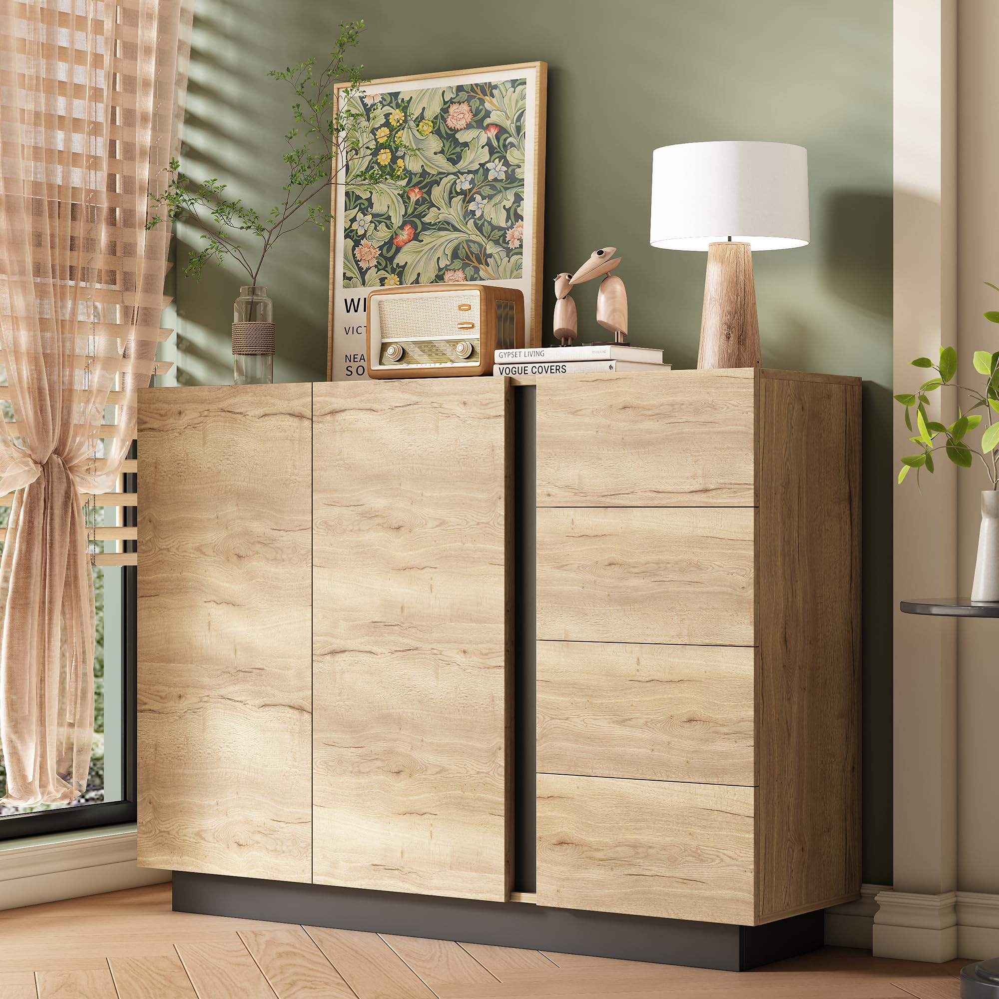 Merax Sideboard Kommode mit 4 Schubladen und Zwei Türen, Schrank 110 cm, Griffloses Design, Buffetschrank mit Großzügiger Stauraum, aus Holz, für Wohnzimmer/Esszimmer, 110x35.5x90.5 cm, Natur&Schwarz