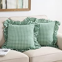 Vista 44 de Paquete de 2 fundas de almohada europeas a cuadros azul polvoriento, blanco, a cuadros, 100% algodón lavado, a cuadros, estilo francés, rústico