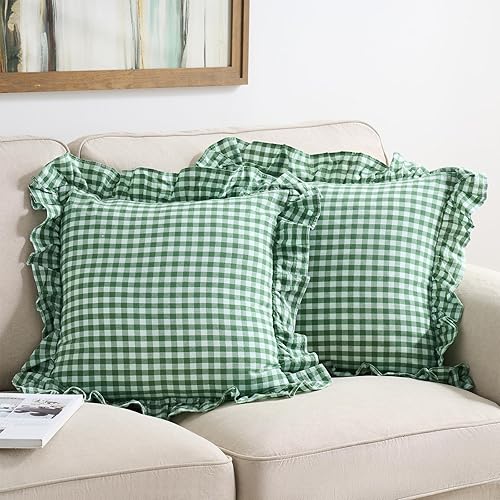 Miniatura 44 de Paquete de 2 fundas de almohada europeas a cuadros azul polvoriento, blanco, a cuadros, 100% algodón lavado, a cuadros, estilo francés, rústico