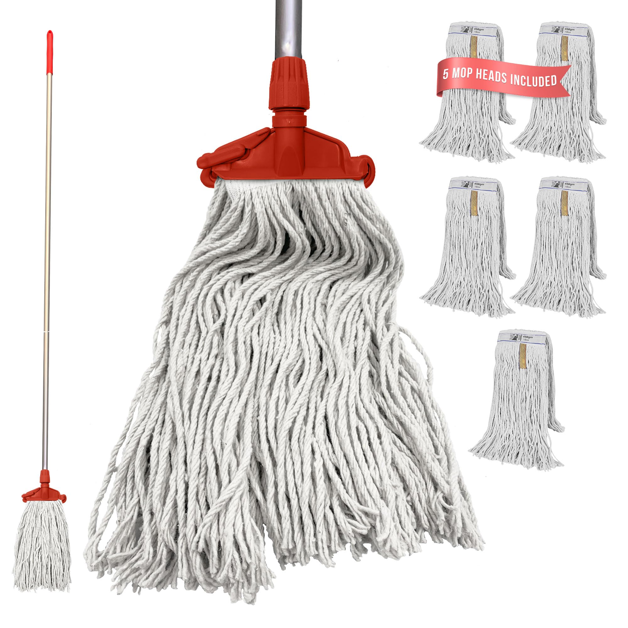Tdbs The Dustpan And Brush Store Red Kentucky Mop Set, Colour-Coded Industrial Mop Includes X5 Kentucky Head, X1 Solid Aluminium Handle & X1 Plastic Clip, Commercial-Grade For Cleaning Floors (Red)