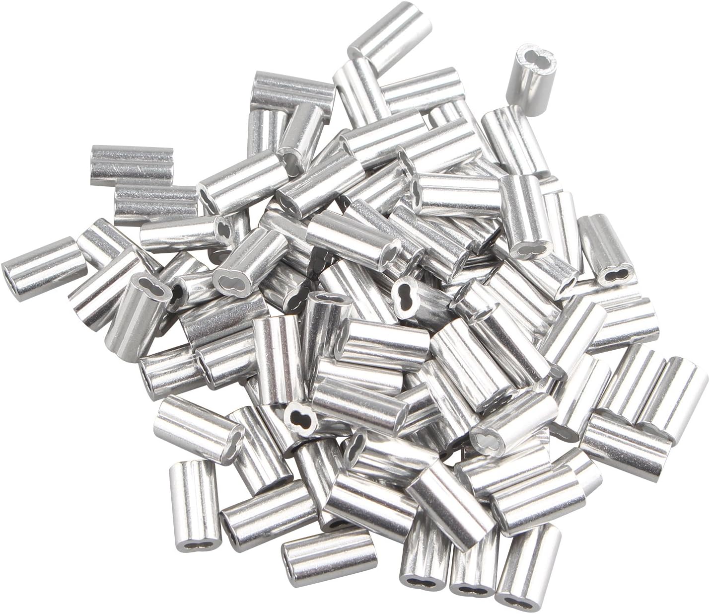 100 pcs Aluminum Crimping Loop Sleeve Clips with Double Ferrules/Holes for 1.2mm Cable Wire Rope Silver Tone