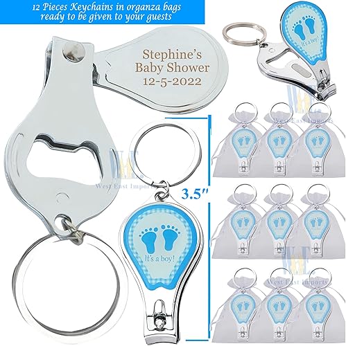 Miniatura 9 de 12 llaveros personalizados para baby shower con diseño de niño azul, cortaúñas y abrebotellas, regalo personalizado con grabado láser, Carriola