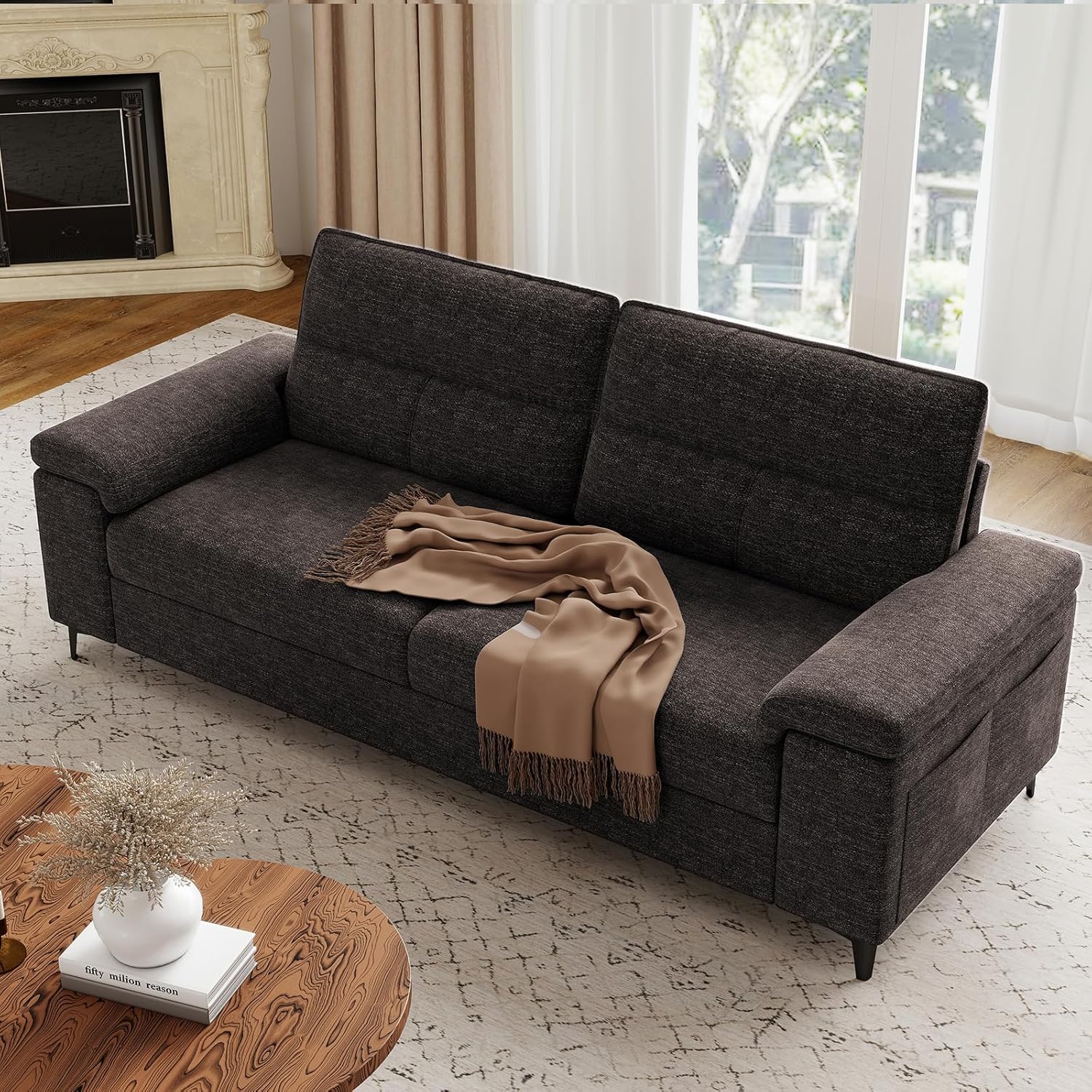 Upvilla 88.97" Modern Sofa Couch for Living Room, Deep Seat Sofa with 8”Cushion, Comfy 2-Seater Chenille Loveseat Sofa with Convertible Armrest, Removable Sofa Cover, High Leg (Dark Gray)
