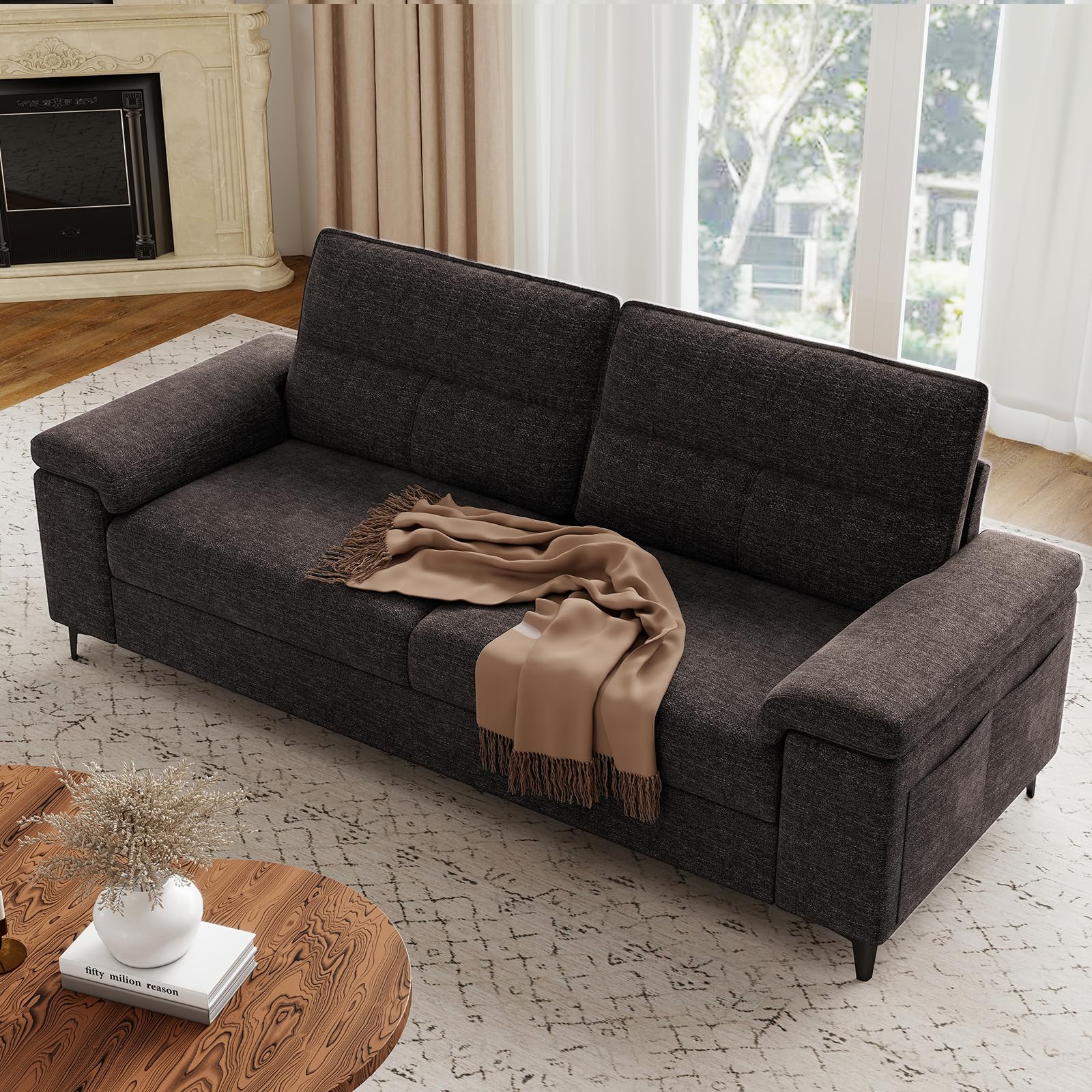 Upvilla 88.97" Modern Sofa Couch Deep Seat Sofa for Living Room(Dark Gray)