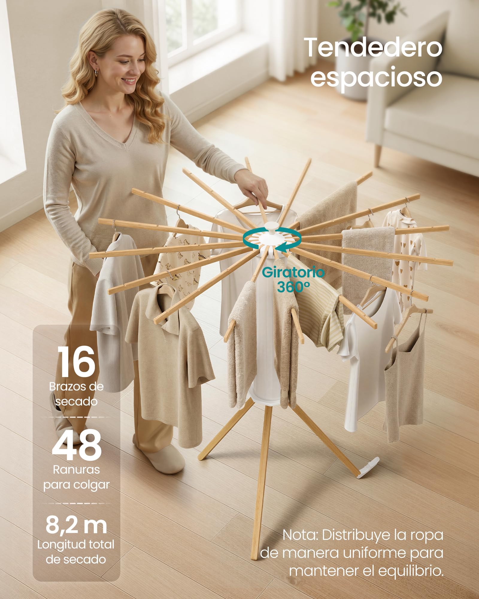 SONGMICS Tendedero Vertical, Plegable y Portátil, Ahorro de Espacio, Giratorio, Extensible, para Lavadero y Balcón, 16 Brazos de Madera, Natural LLR530YW01