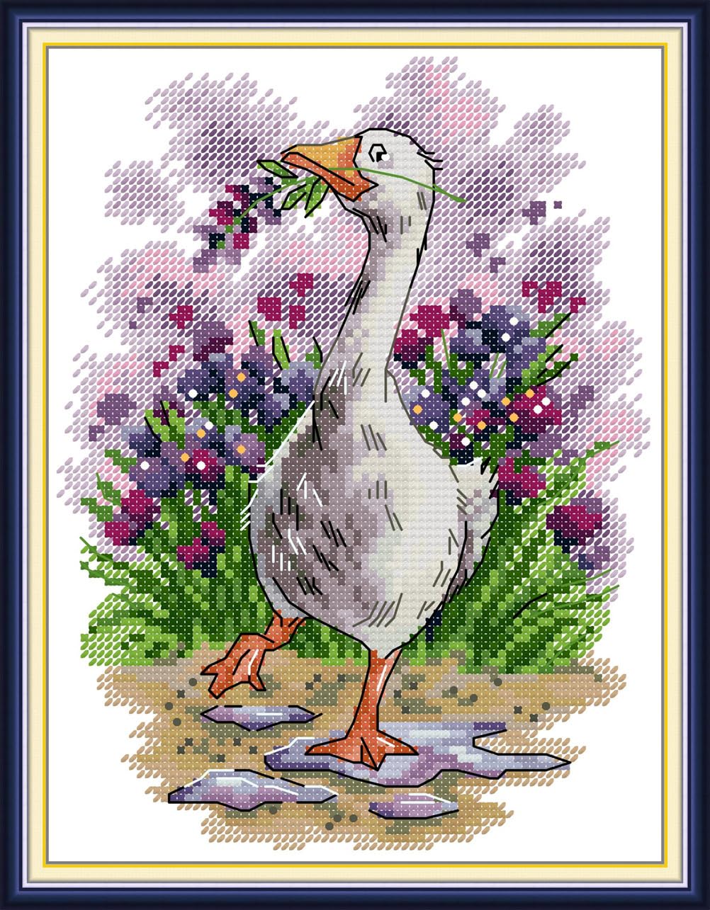 Meecaa Cross Stitch Kits 14 Count Stamped, Goose Animal Lavender Embroidery Kit with Accessories Pre Printed（19×26CM (Goose)
