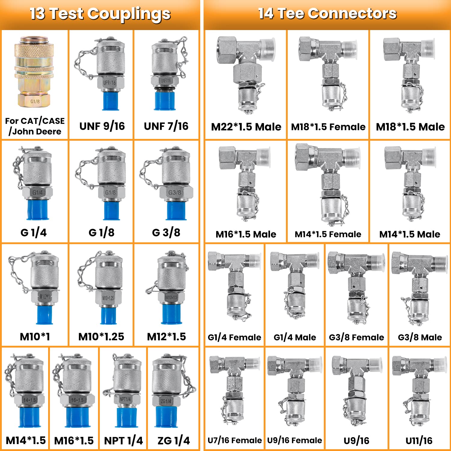 Hydraulic Pressure Test Kit with 5 Gauges 13 Test Couplings 14 Tee Connectors 5 Test Hoses for Excavator Construction Machinery 10/100/250/400/600bar 150/1500/4000/6000/9000PSI