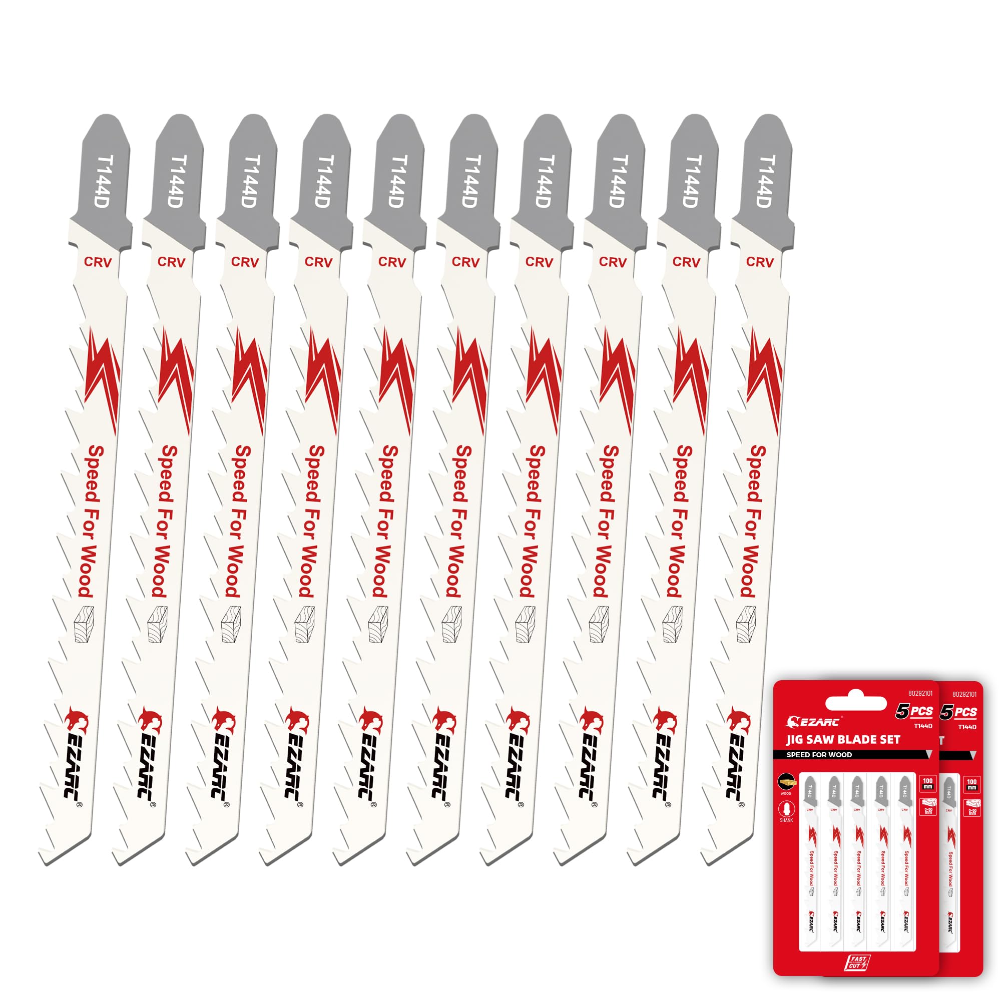 EZARC 10tlg Stichsägeblätter T144D für schnelles Holzschneiden, 6TPI T-Schaft Stichsägeblatt Set aus CRV, gebogenes und gewelltes Schneiden