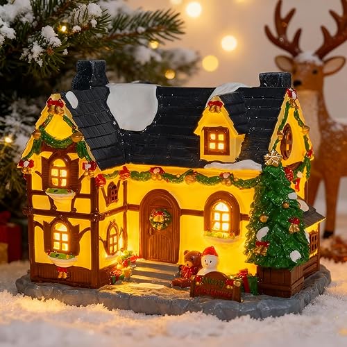 Miniatura 8 de Edificio de casa de Navidad, pintado a mano, edificios coleccionables de Navidad, decoración de aldea con muñeco de nieve, edificios de pueblo para