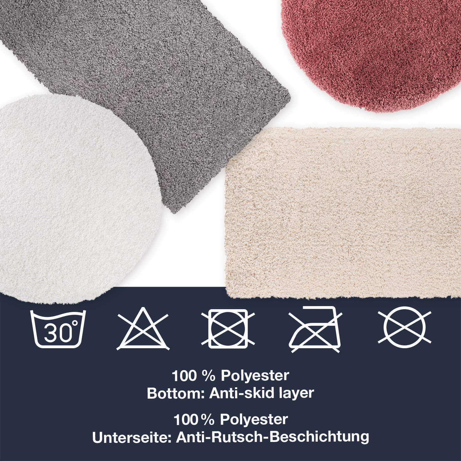 WohnDirect Premium Hochflor Badezimmerteppich Grau • Rutschfester & Extra Flauschiger Badvorleger • Badteppich, Badematte Rund Ø 70 cm