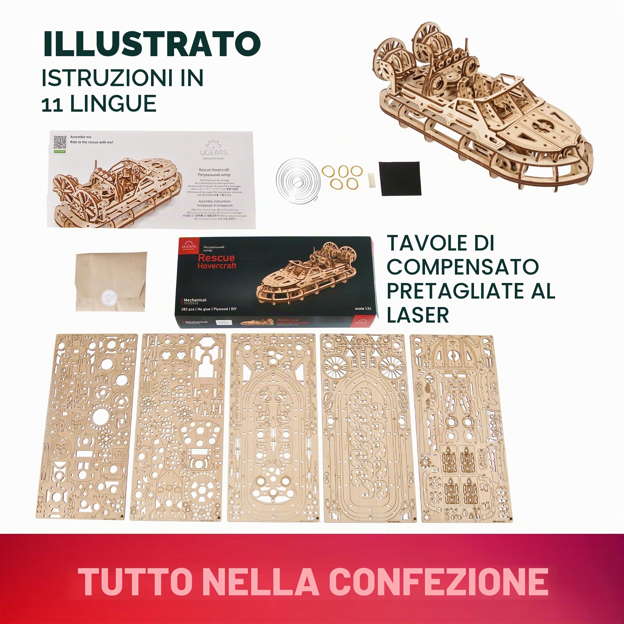 UGEARS Hovercraft di Salvataggio - Puzzle 3d Legno - Modellismo da Costruire Adulti - Modellino Barca Hovercraft Legno 3D Meccanico - Ideale per Appassionati di Modellini da Costruire e Puzzle 3D