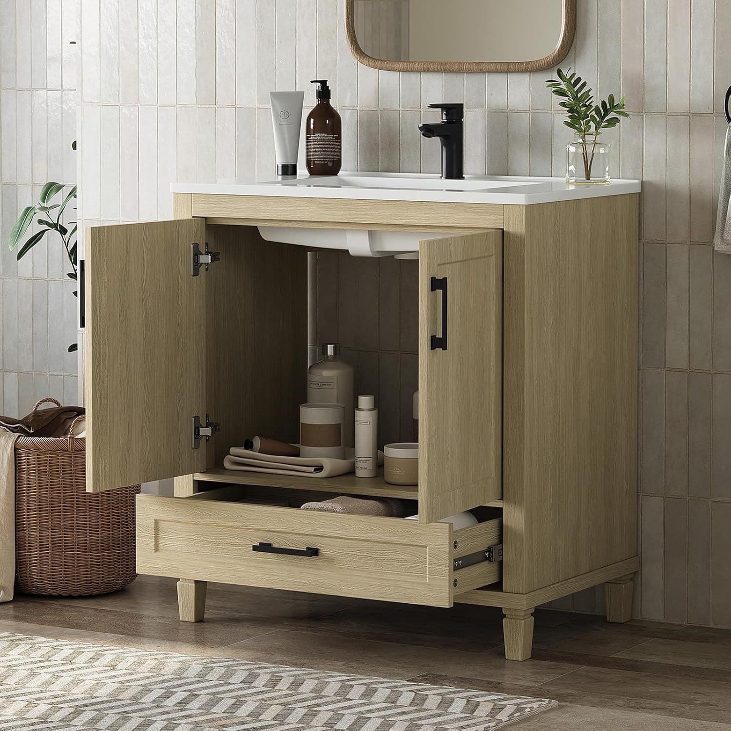 30 Inch Bathroom Vanity with Sink, Modern Bathroom Cabinet with Solid Composite Sink, Oak Vanity with Soft-Closing Drawers & Doors, Single Sink Vanity with Adjustable Feet