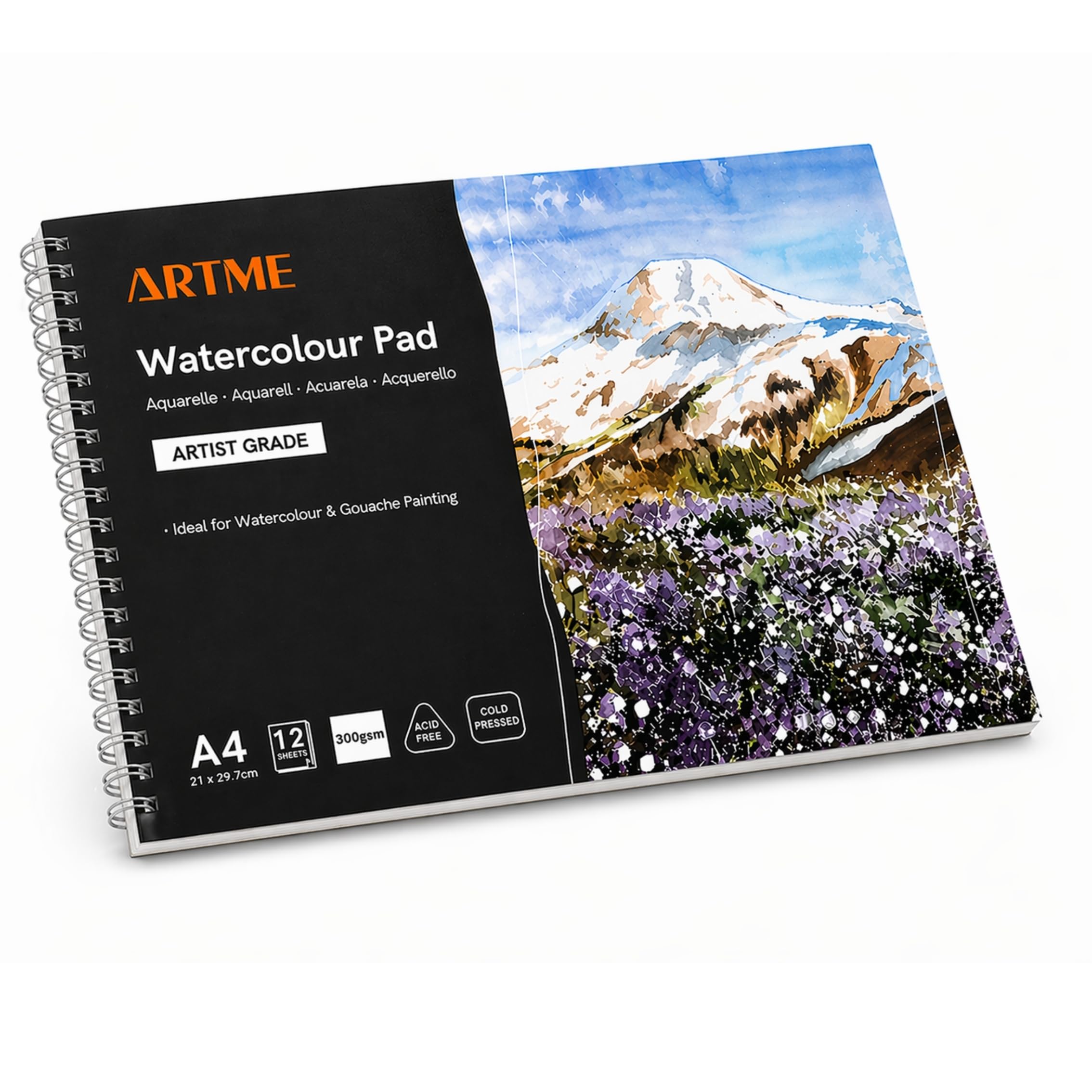 Artme A4 Watercolour Pad, 300gsm, 12 Sheets, Cold Pressed, Acid-Free, Dual Textured Paper, Heavyweight Watercolor Sketchbook for Aquarelle, Gouache & Painting(1 Pack)