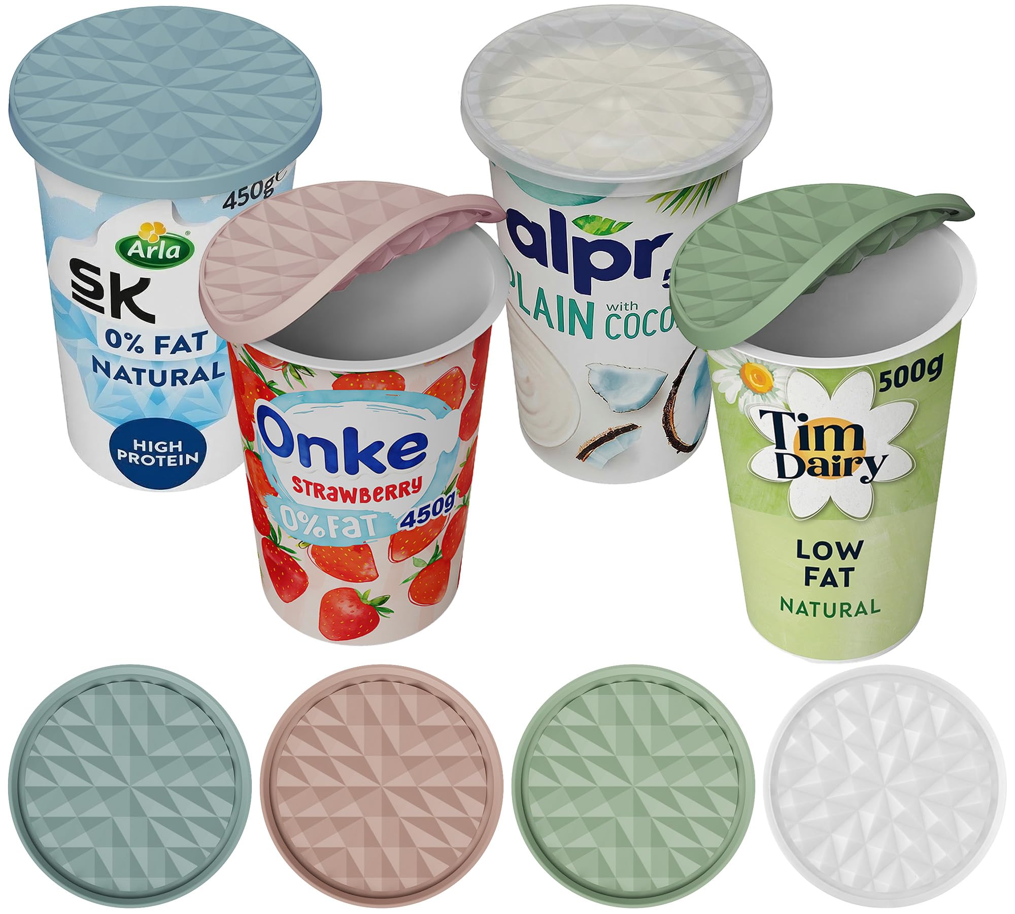 Wingcases Mehrweg Silikon große JoghurtDeckel 500g(4er-Set, Mehrfarbig) Reversibel zu Untersetzern Design, Behalterdeckel passt für Joghurt, Joghurtbecher, Glasabdeckung, Untersetzer für Gläser