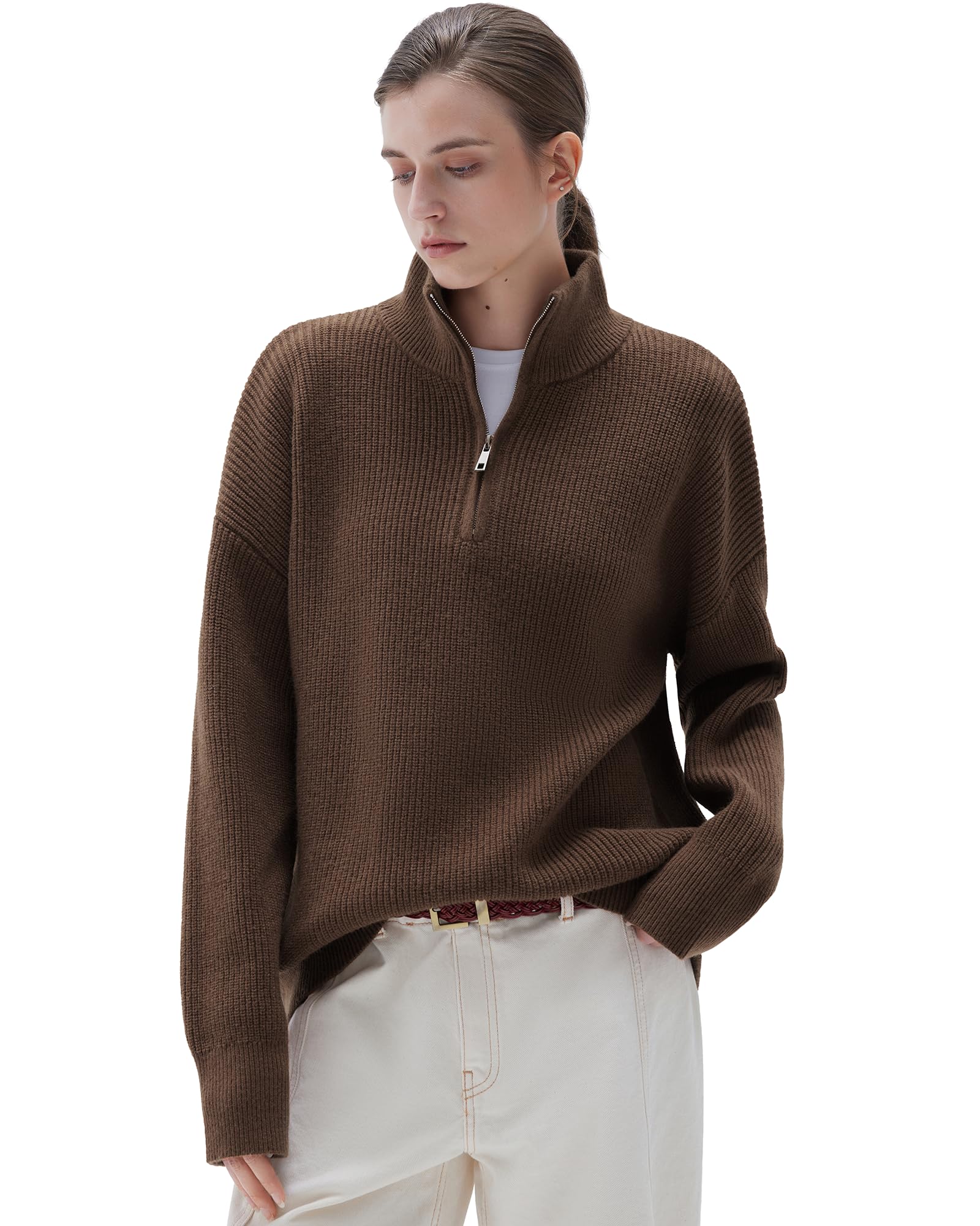 SUUKSESS Women Oversized Cashmere Blend Quarter Zip Pullover Sweater Long Sleeve Collared Ribbed Knit Jumper Tops