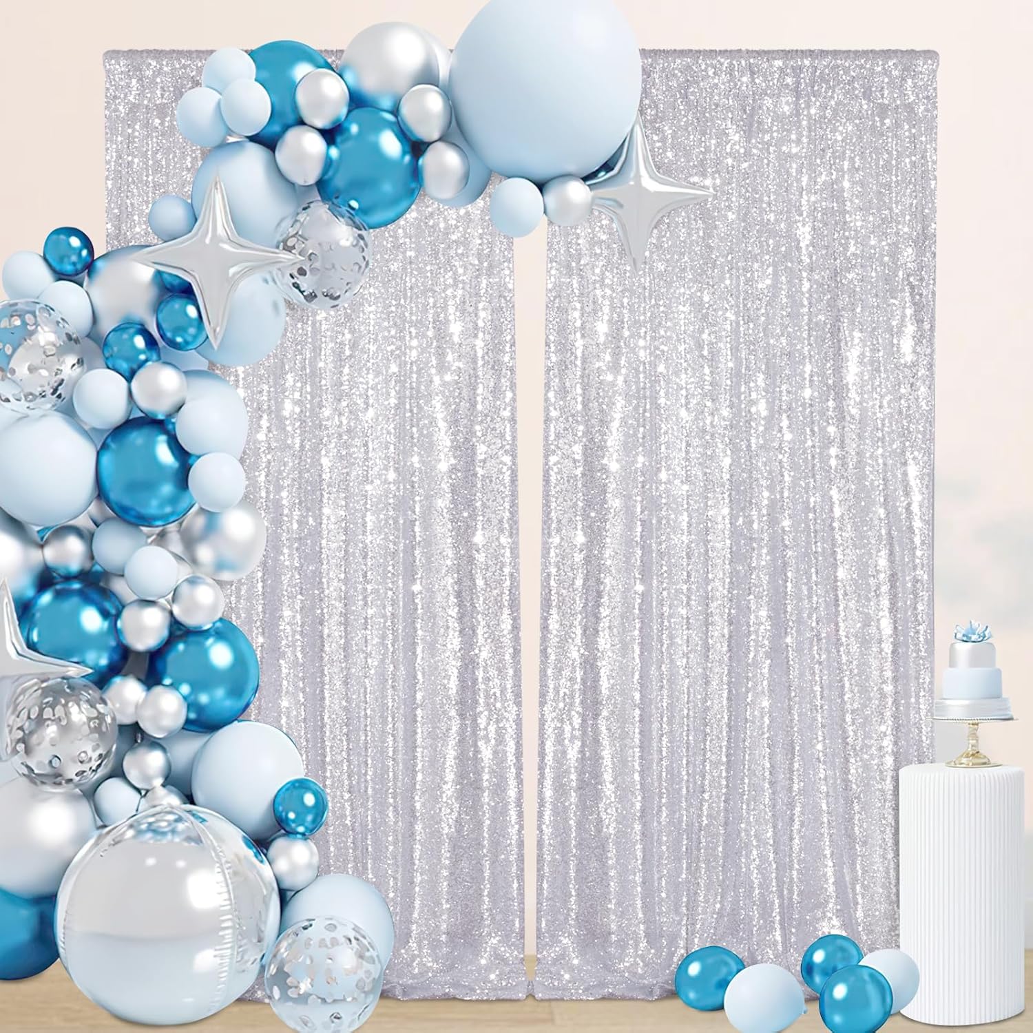 Silver Backdrop Curtains 2 Pieces 5FTx10FT Sequin Backdrop Decor for Party Wedding Christmas Background