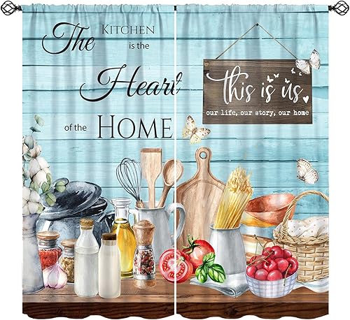 Miniatura 22 de Cortinas rústicas de cocina de granja, hojas verdes florales de primavera, cortinas retro de tablones de madera campestre para dormitorio, comedor,