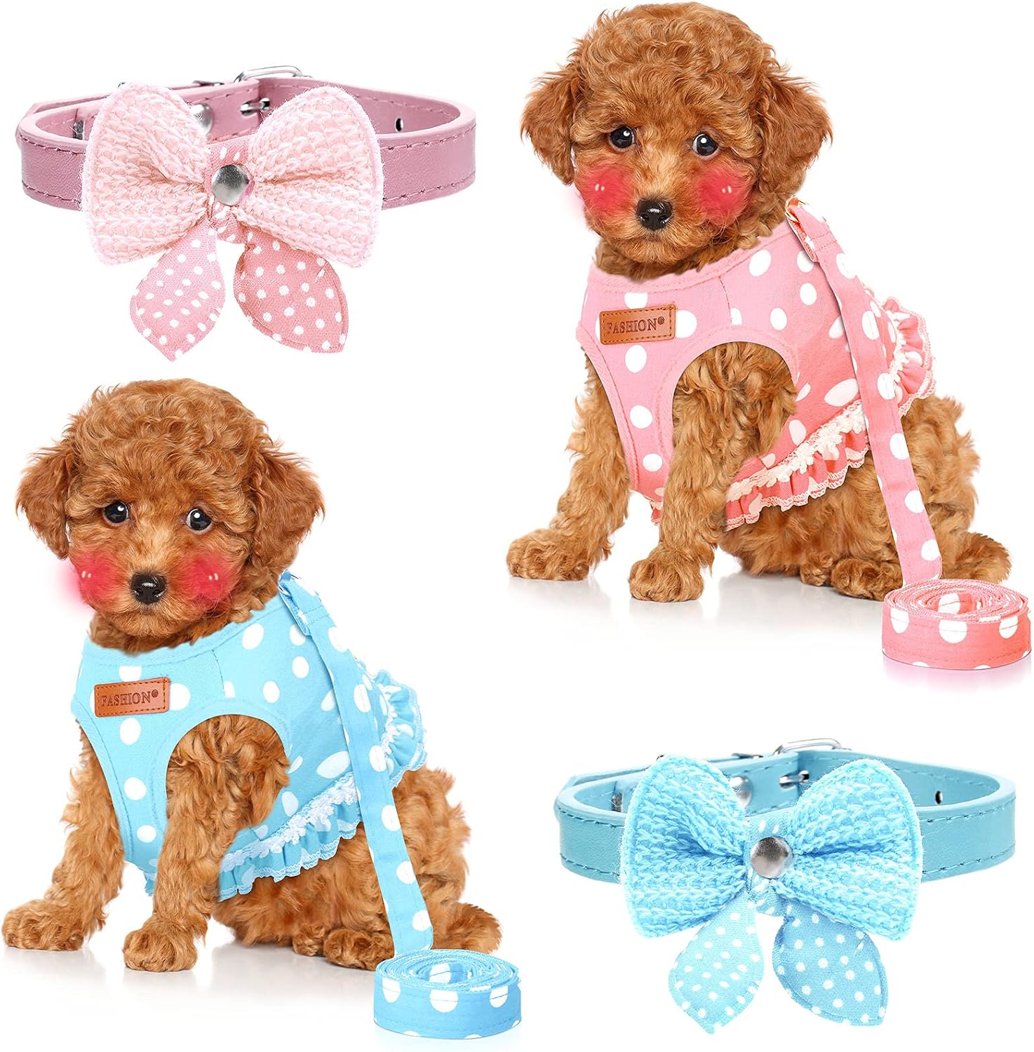 4 Pieces Cute Dog Harness and Leash Set Polka Dots Dog Vest Harness Set with Leash and Bowknot Collar Harness Set for Puppy and Cat (Pink, Blue,Large)