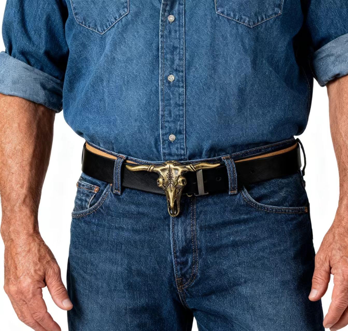 Western Belt Cowboy Belts for Men Women, Western Leather Belts Bull Buckle Belt for Jeans, Buckle Removable Plaque - Image 2