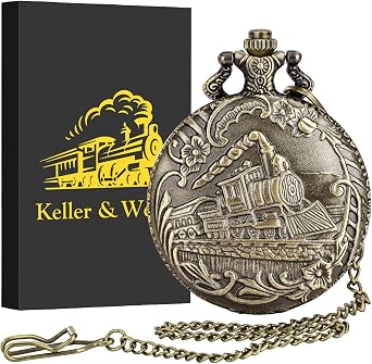 Keller & Weber Vintage Quartz FOB Pocket Watch with Chain - Gifts for Men, Valentine's Day, Birthday & Christmas