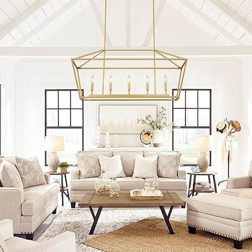 Miniatura 7 de Untrammelife Lámpara colgante de isla de cocina de 5 luces, lámpara colgante de linterna dorada, lámpara lineal moderna rectangular con varilla