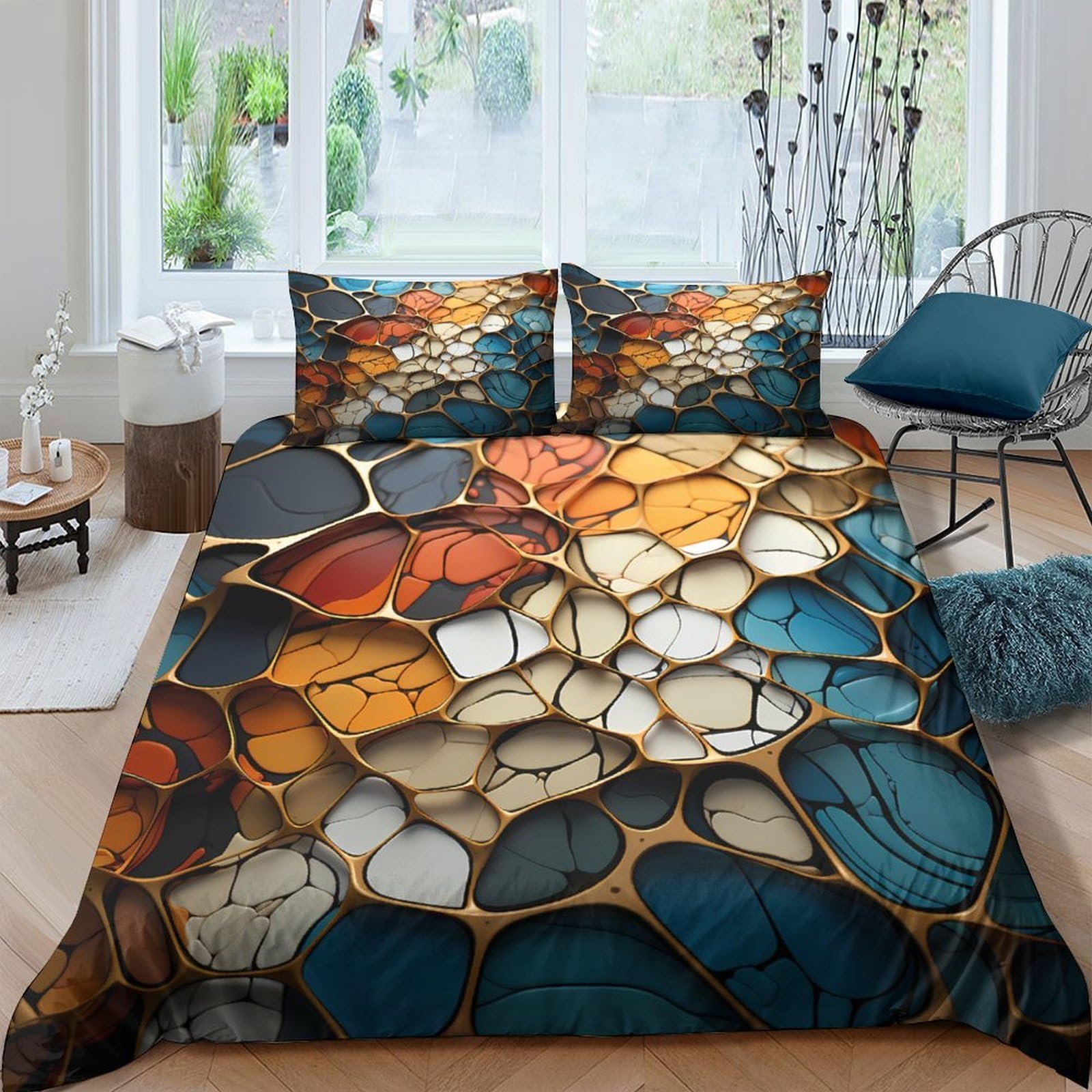 Ctjqhvkz Style-7 3D Printed Abstract Stone Pattern Fitted Sheet Microfiber Soft Multicolor Mosaic Bed Cover For Bedroom Guest Room Decor Single（135X200cm）