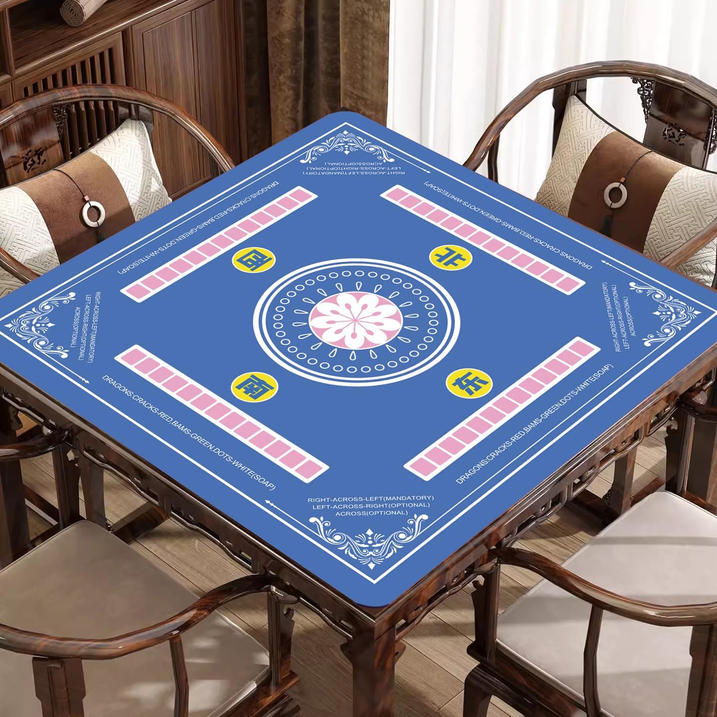 ZIIYAN Mahjong Mat for Table, 31.5''x31.5'' Neoprene Non-Slip Noise Reduction Mah Jongg Mat with Rules, Gaming Mat for Mahjong, Poker, Board Games, Card Games, Dominoes, Tile Games (Blue)