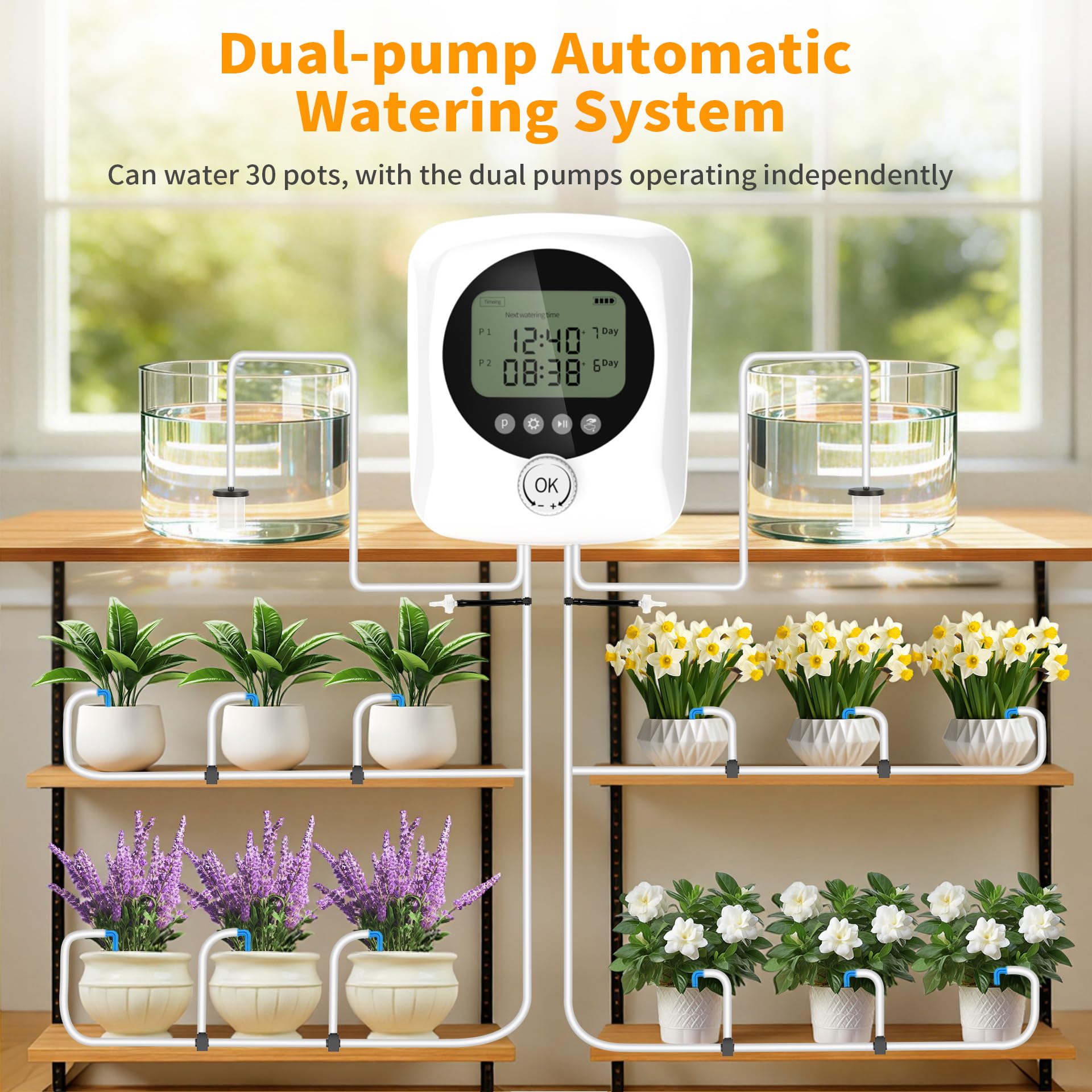 Irrigazione a Goccia Automatica Doppia Pompa, Kit Irrigazione a Goccia Ricaricabile USB-C con Batteria 4400mAh, Programmatore con Timer Regolabile, Portata 800ml/min per Giardino Balcone