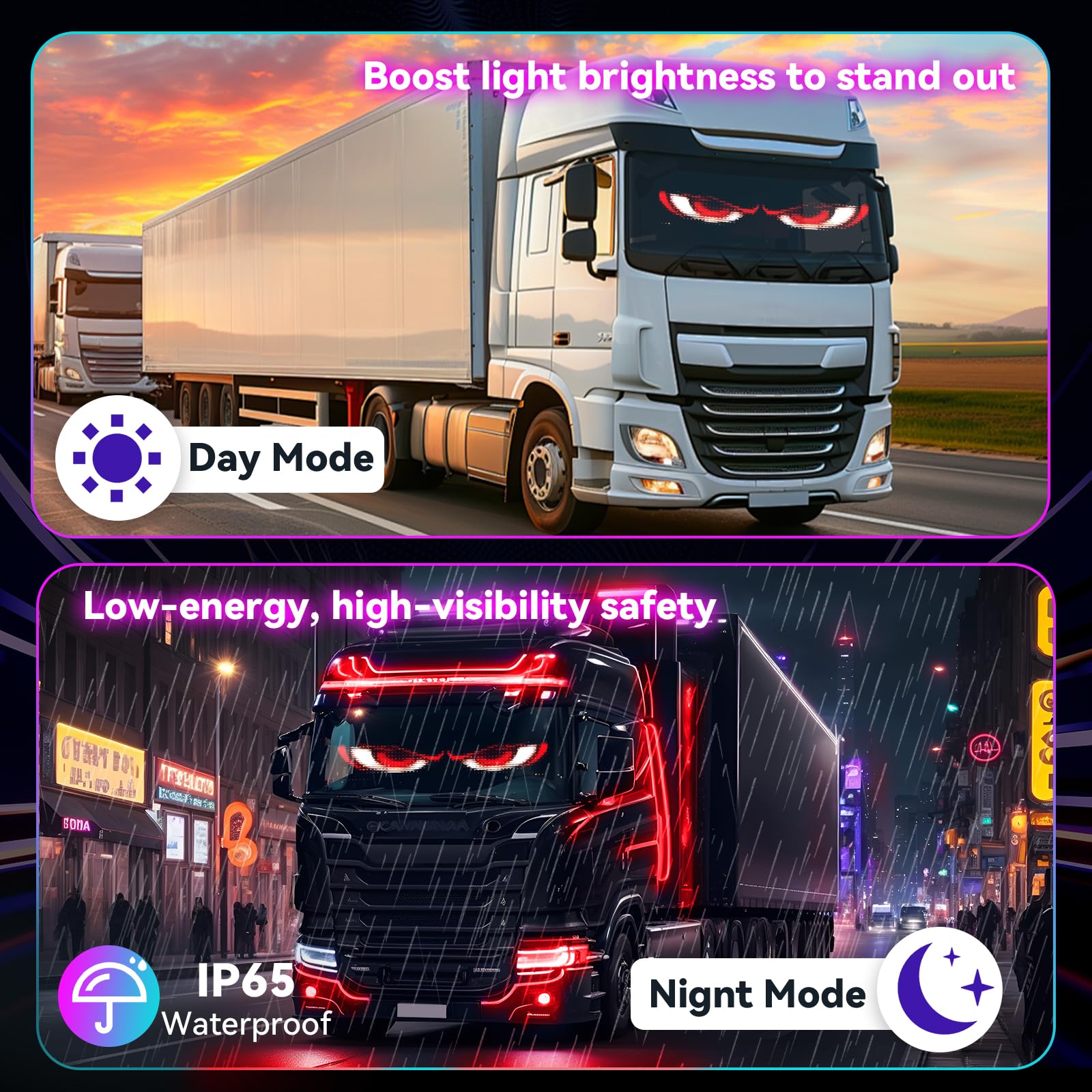 2 x Letrero LED para Coche, Letrero de Luz de Devil Eyes Programable P65 Impermeable para Camión Coche, Letrero Luminoso Personalizado con App y Mando a Distancia, 12 x 60 cm