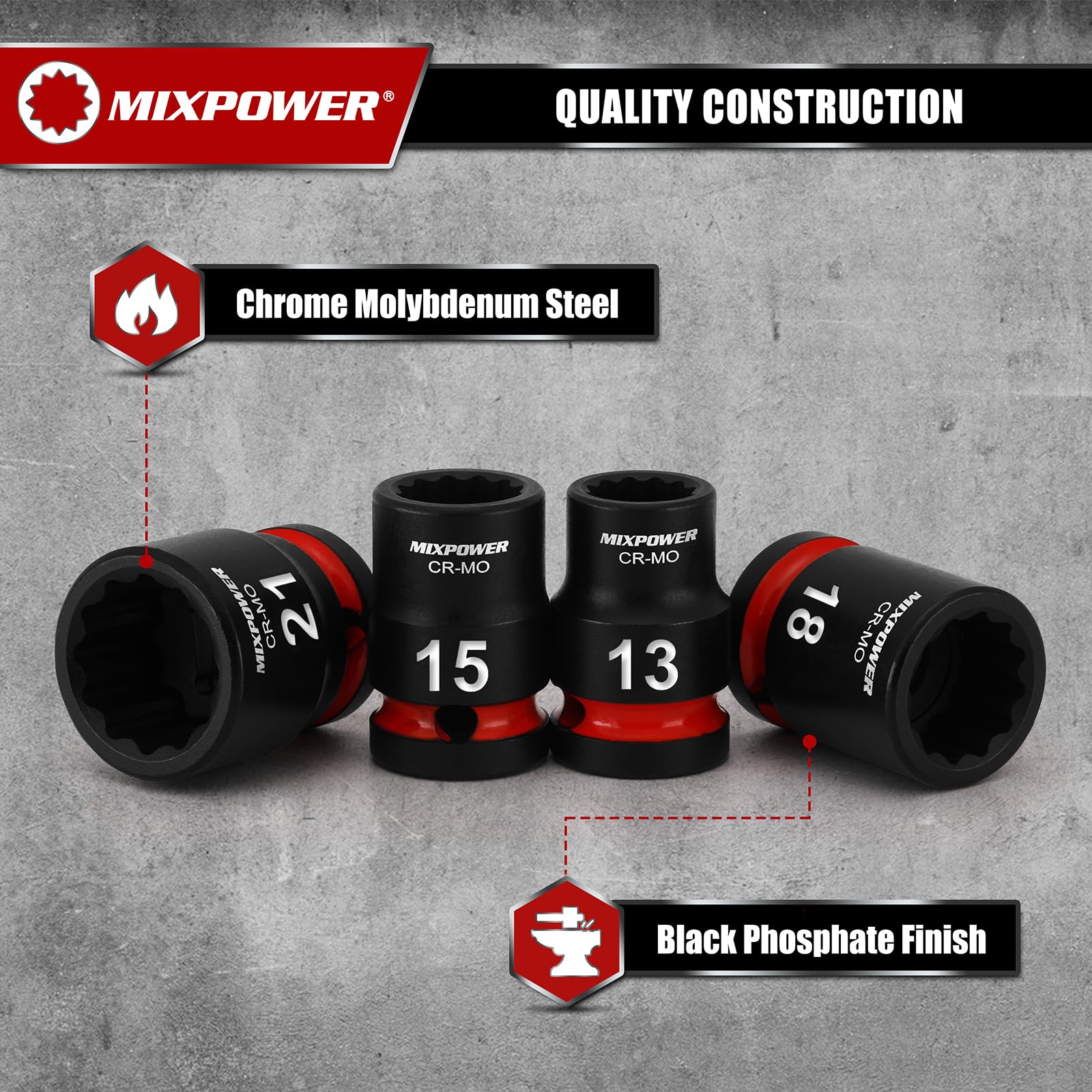 MIXPOWER Set di 26 bussole a impatto poco profondo, 12 punti, metriche, 10-36 mm, CR-MO, dado dell'asse per una facile rimozione