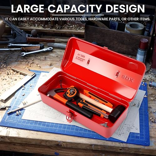 Miniatura 6 de Caja de almacenamiento de herramientas de metal grande con asa para taller, caja de herramientas portátil de 15 pulgadas con tapa, caja organizadora
