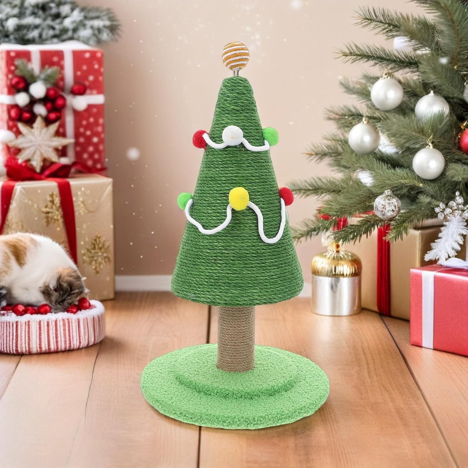 PRETYZOOM Christmas Tree Cat Scratching Post with Sisal and Hanging Ball 20.83" Medium Vertical Cat Claw Scratcher and Kittens