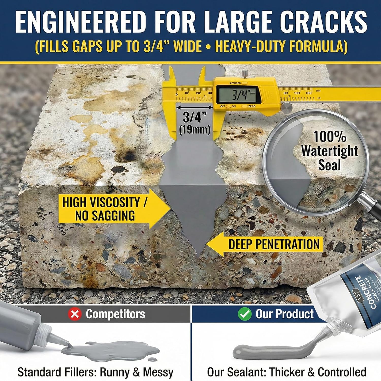 Concrete Crack Filler (1.1lb) – Self-Leveling Liquid Cement Sealant & Adhesive for Driveways, Sidewalks, Patios – Waterproof, High Elasticity & Quick Drying Repair Grout – Gray