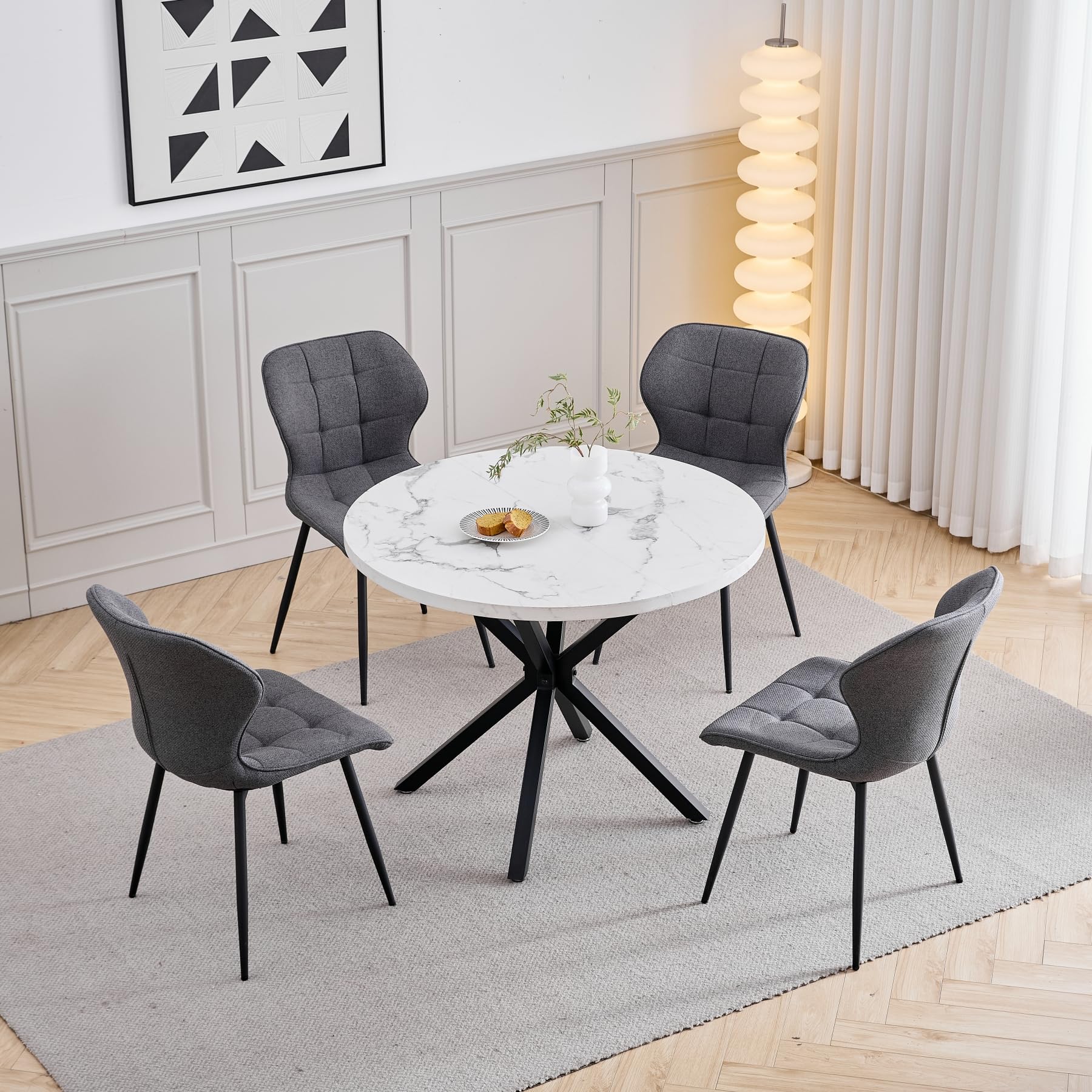 GrandCA HOME Table de Salle à Manger Ronde avec Plateau Effet Marbre Moderne, Table de Cuisine avec Quatre Pieds en Métal, pour Salle à Manger, Salon,Blanc + BKL