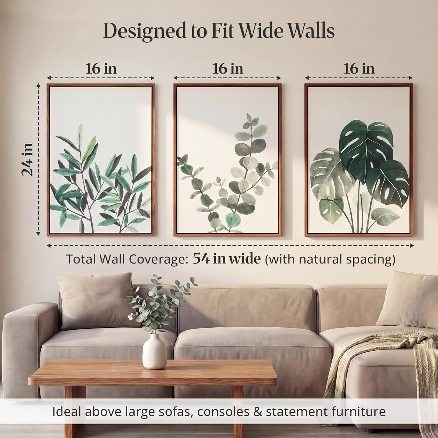 Set of 3 Framed Botanical Wall Art, Frames Included, Ready to Hang, 16x24 Each, Green Tropical Plant Leaf Canvas Wall Art, Eucalyptus Monstera Olive Leaves, Sage Green Minimalist Neutral Wall Decor for Living Room Bedroom