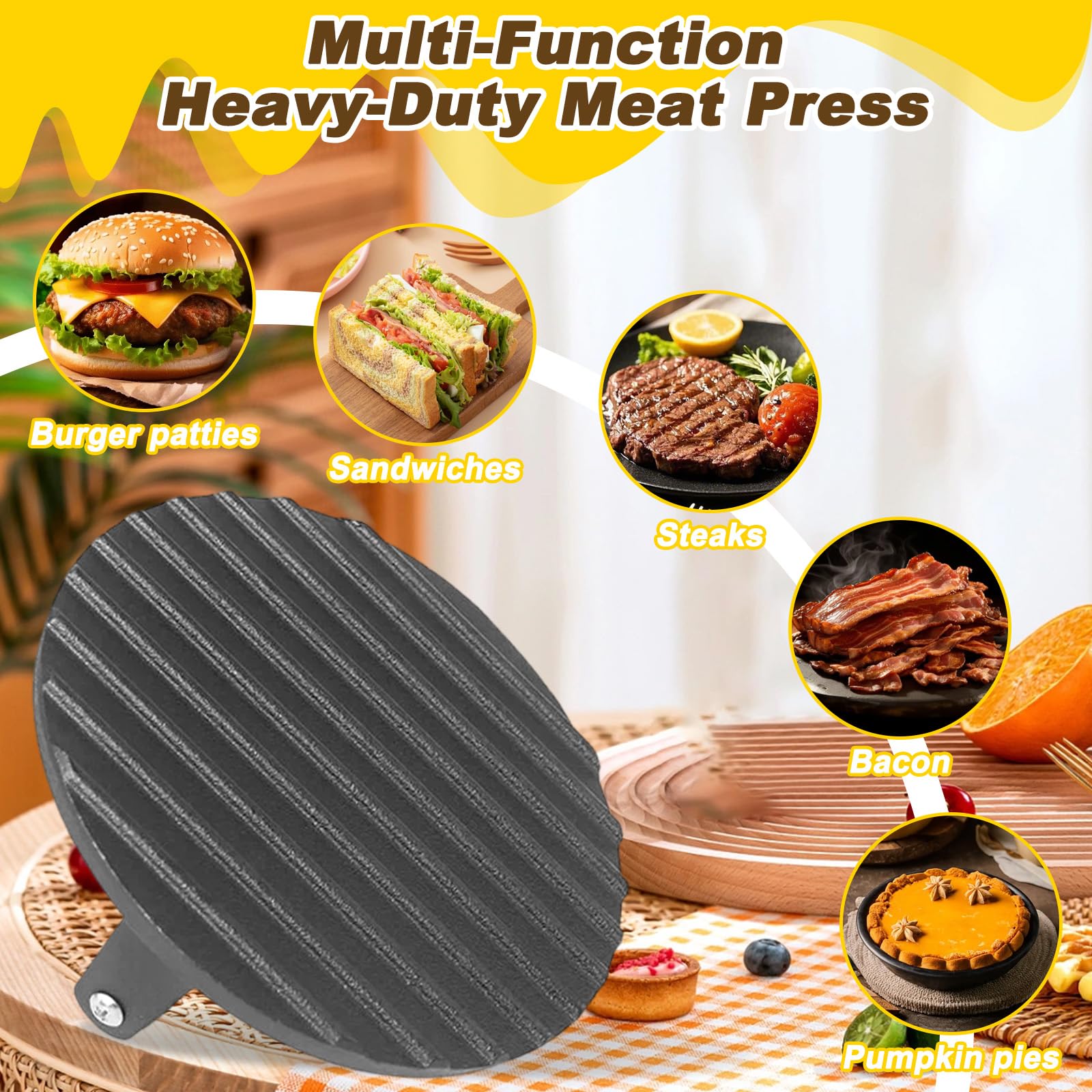 Presse Burger en Fonte, Smash Burger, Presse à Hamburger Ronde en Fonte Robuste de 6,89 Pouces avec poignée en Bois, Presse à galettes pour Barbecue Bacon Steak Grill ou Plaque chauffante