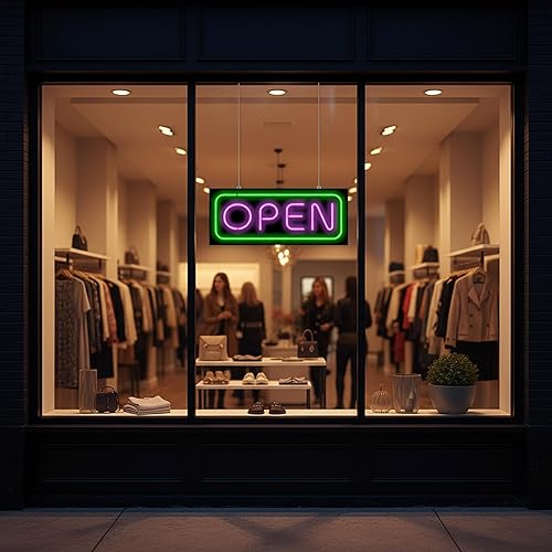 Miniatura 3 de Letrero abierto de neón de lujo, 32 pulgadas de ancho x 13 pulgadas de alto, letras moradas con un borde exterior verde, neón real y de calidad