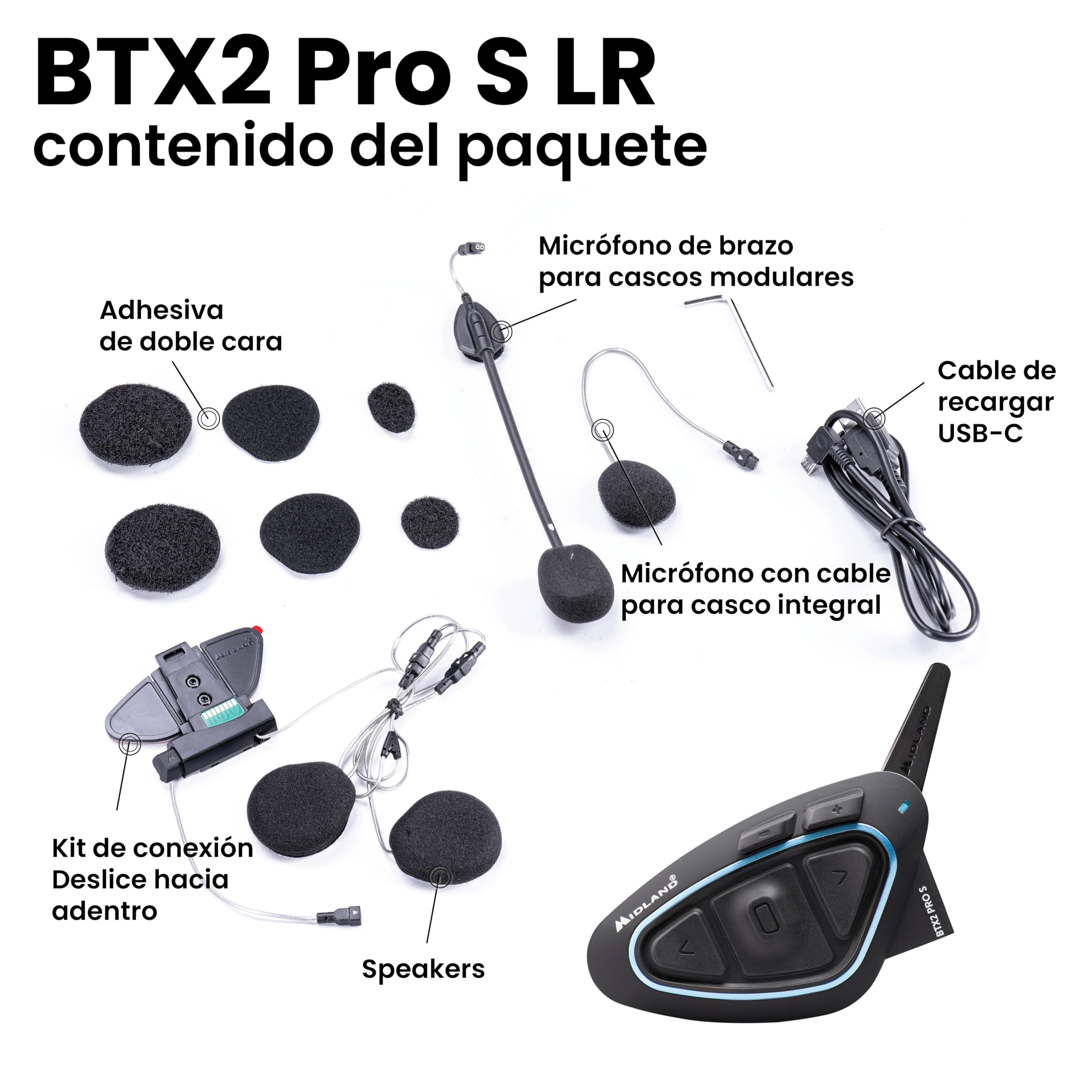 Midland BTX2 Pro S LR Single Intercomunicador Bluetooth para Moto | IPX6 Waterproof, Supresión de Ruido, Hasta 8 Personas, Batería 23h, Alcance 1.6Km