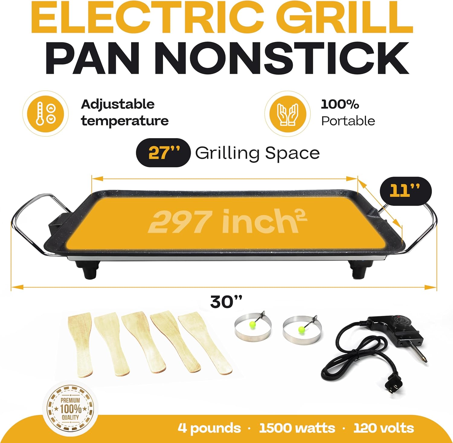 Premium Electric Griddle 27" - Smokeless Indoor Grill - Portable & Nonstick Electric Grill for Outdoor Use - Large Electric Griddle Nonstick with Adjustable Temperature & Even Heating by IDL Packaging