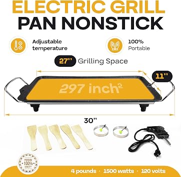 Premium Electric Griddle 27 - Smokeless Indoor Grill - Portable & Nonstick Electric Grill for Outdoor Use - Large Electric Griddle Nonstick with Adjustable Temperature & Even Heating by IDL Packaging