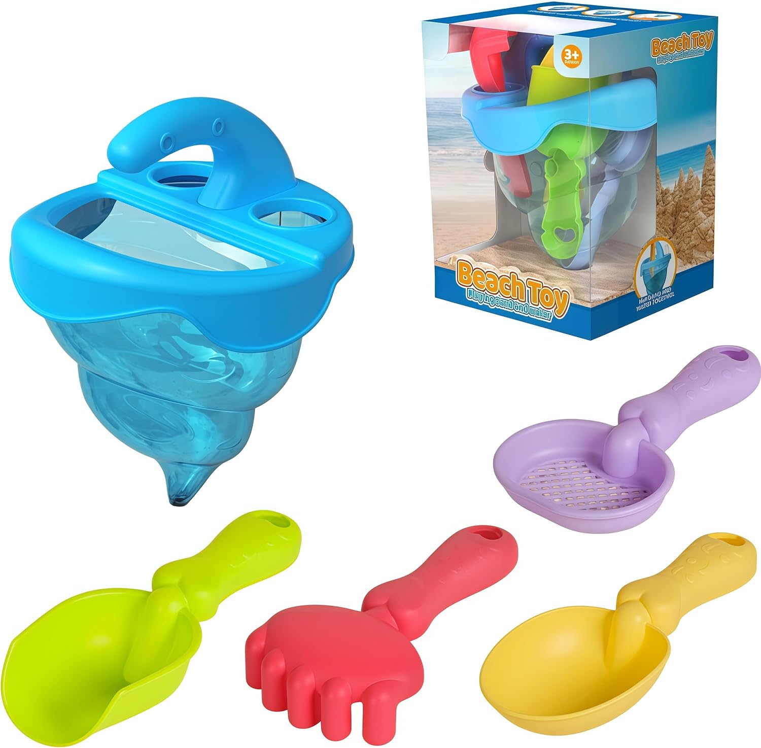 YUTONG Beach Toys for Kids, 5Pcs Sand Spilling Funnel,Set with Shovel Rake Siftersand Spoon,Outdoor Sandbox Toys for Toddlers Age 3+, Pool, Backyard and Summer Beach Activitie