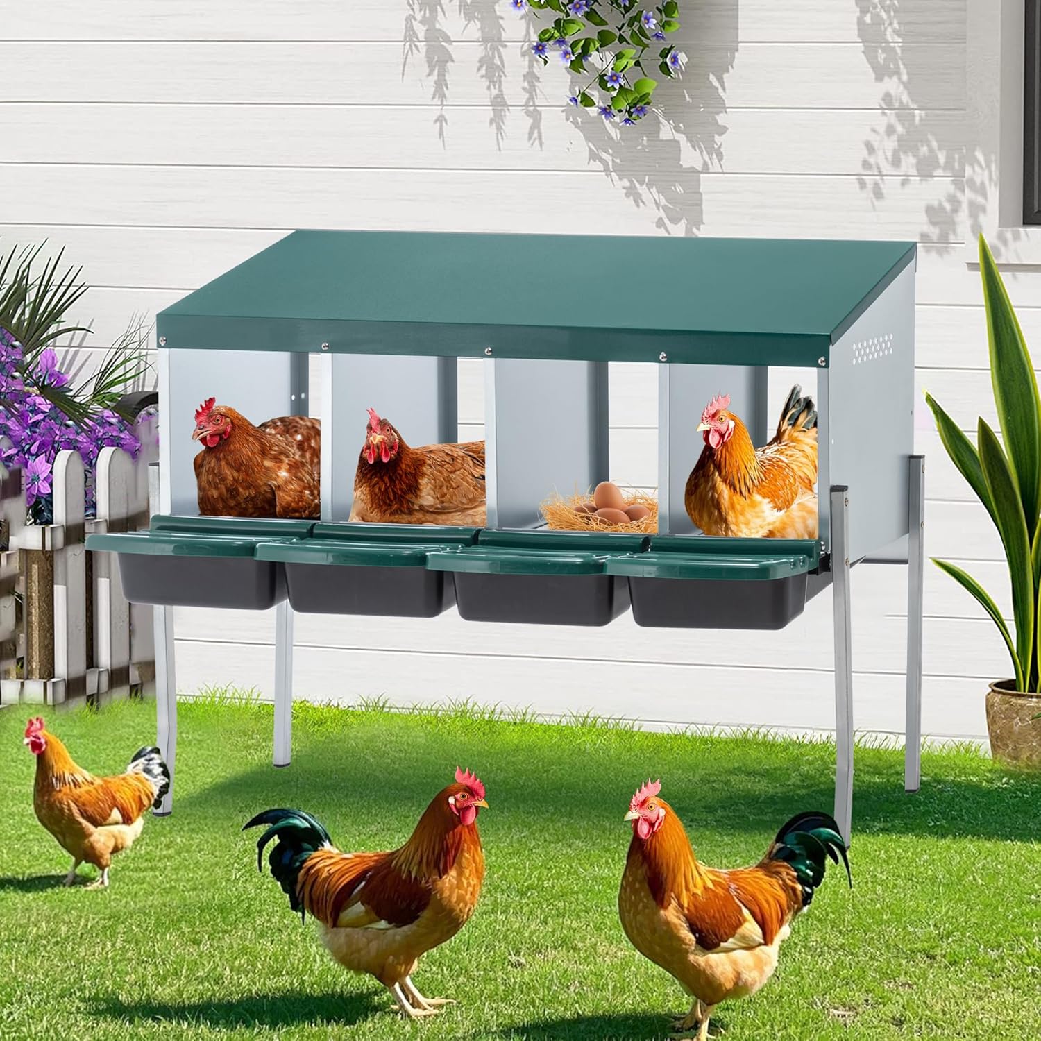 Chicken Nesting Box, 4 Hole Chicken Nest with Leg and Lift-up Cover Protect Eggs, Easy Egg Collection and Cleaning, Chickens Laying Boxes with Bracket Legs for Hens, Green