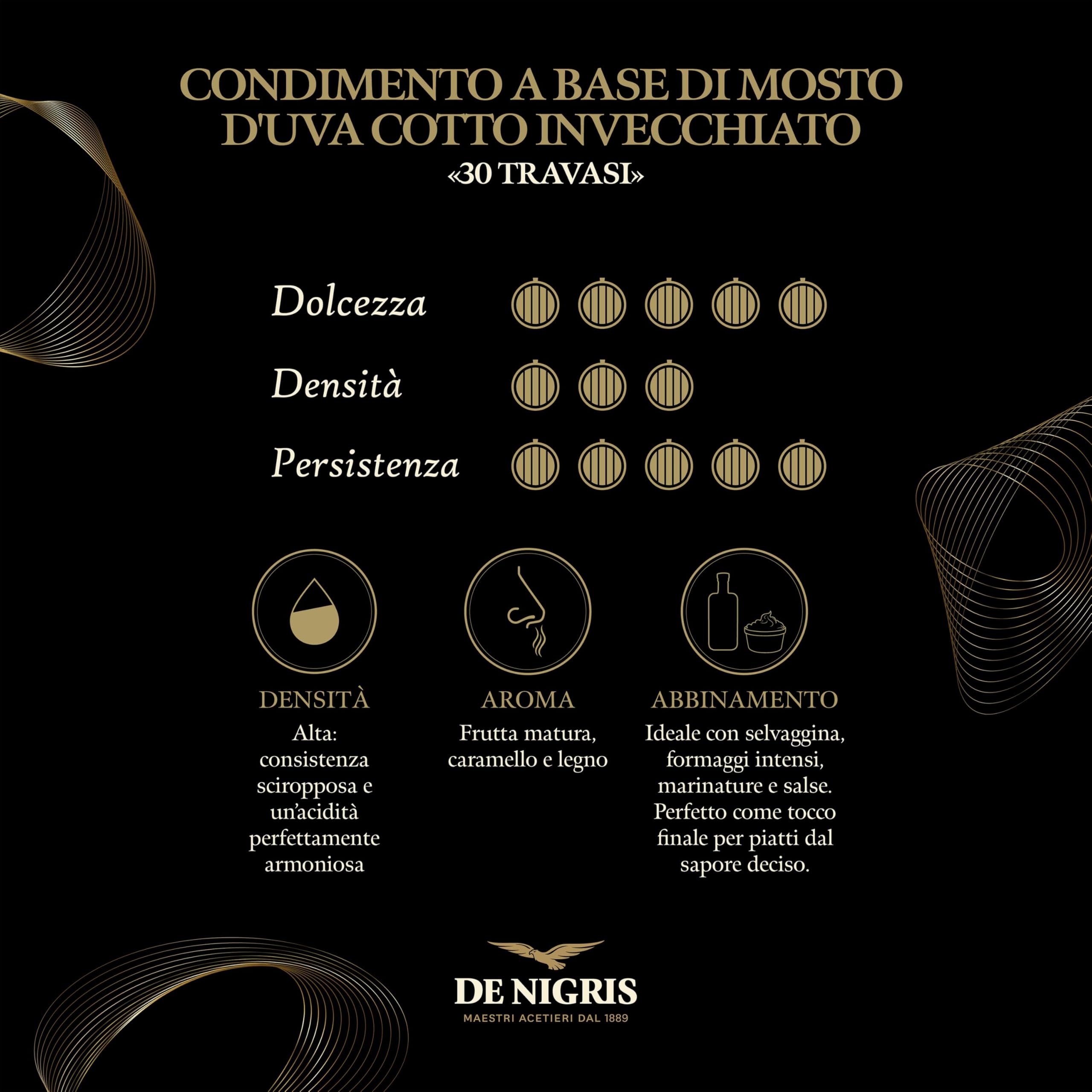 De Nigris 1889 Condimento 30 Travasi | Condimento A Base di Mosto D'uva Cotto Invecchiato | Equilibrio Perfetto Tra Eleganza e Freschezza, 100ml